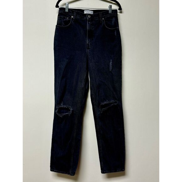 ABERCROMBIE & FITCH 90's Straight Ultra High-Rise Jeans, Black Destroy, Sz 28/6 - Picture 2 of 13